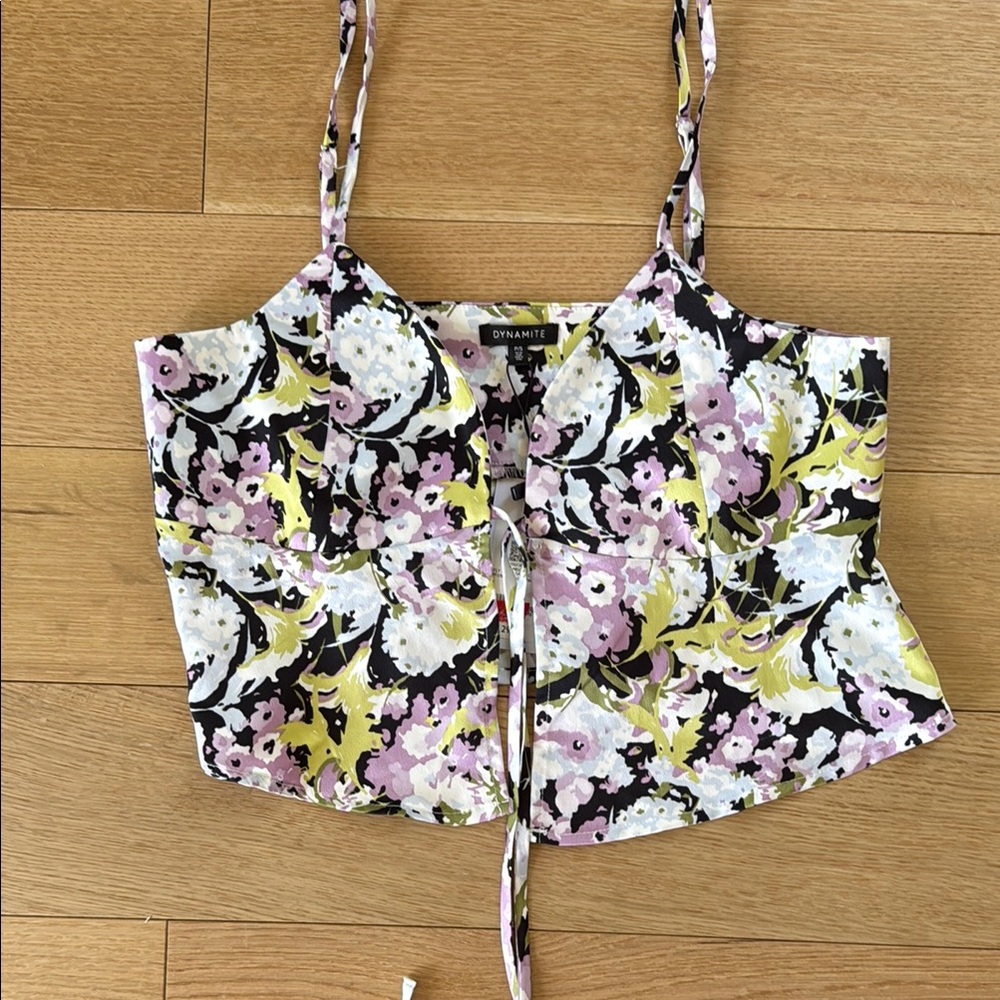 Dynamite Black and Purple Tie Front Crop Camisole